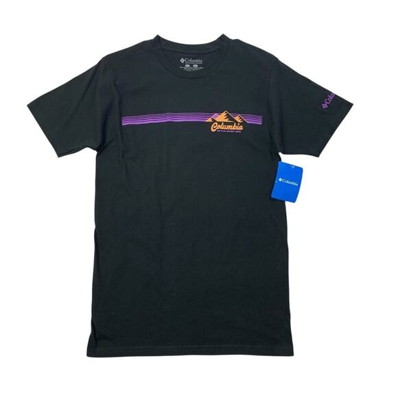 Columbia Shirt Mens S Small Black Cotton Short Sleeve Chest Stripe Mountains - Picture 1 of 9